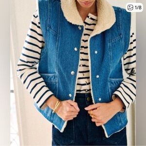 RARE Sezane Blue Denim Vest with Cream Collar